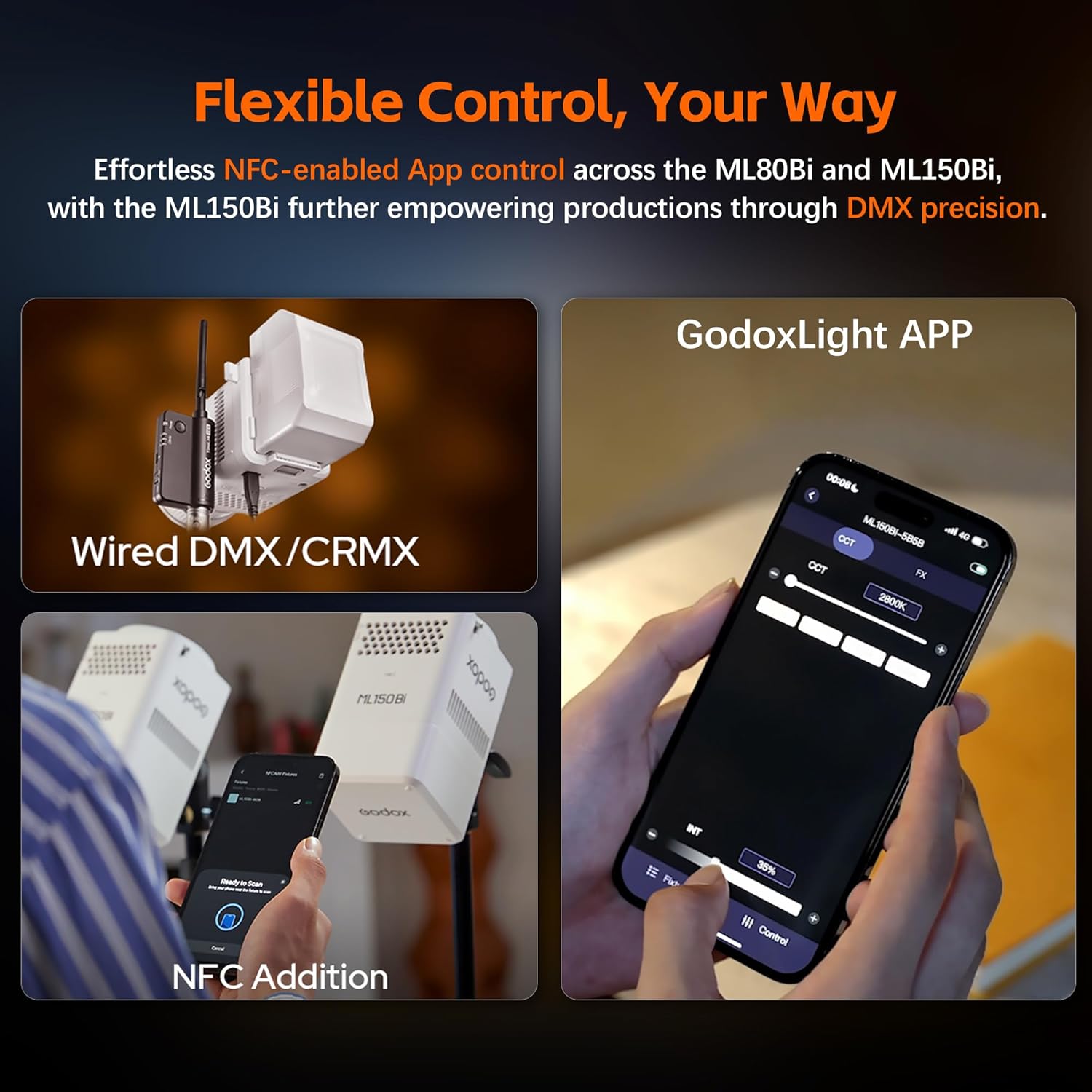 GODOX ML80Bi LED Video Light with Battery, Bi-Color 2800K-6500K,Portable Handheld Mini Led Photo Monolight, 6600 mAh, CRI 96+ TLCI 97+,29600Lux@1m,Support NFC&APP, for Filmmakers, Studios